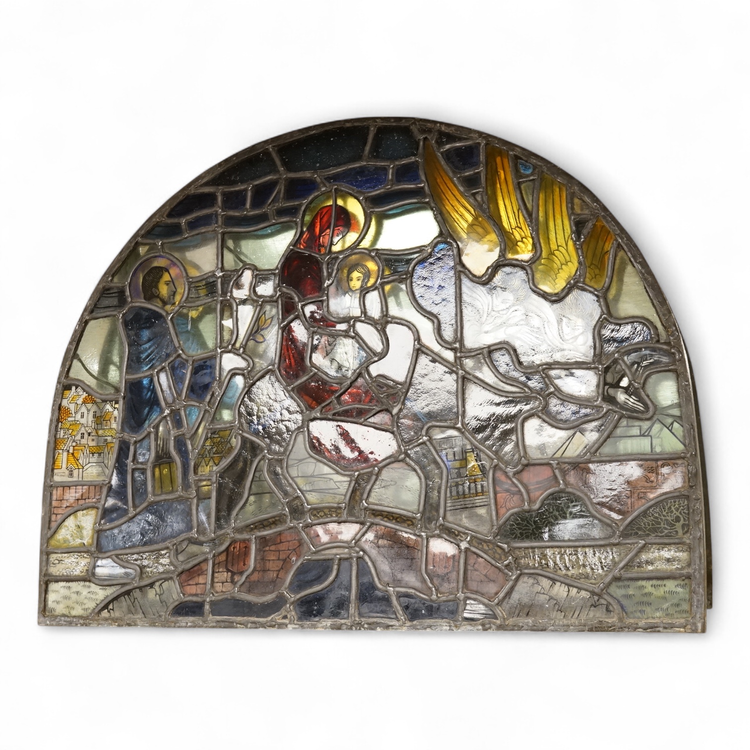 A 20th century semi circular stained glass panel, approximately 80cm wide